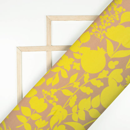 Saddle Brown And Lemon Yellow Floral Pattern Digital Print Japan Satin Fabric