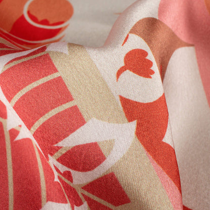 Baby Pink And Vermilion Red Floral Pattern Digital Print Japan Satin Fabric