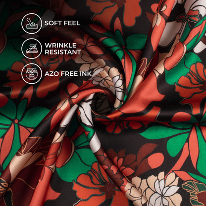 Black And Vermilion Red Floral Pattern Digital Print Japan Satin Fabric