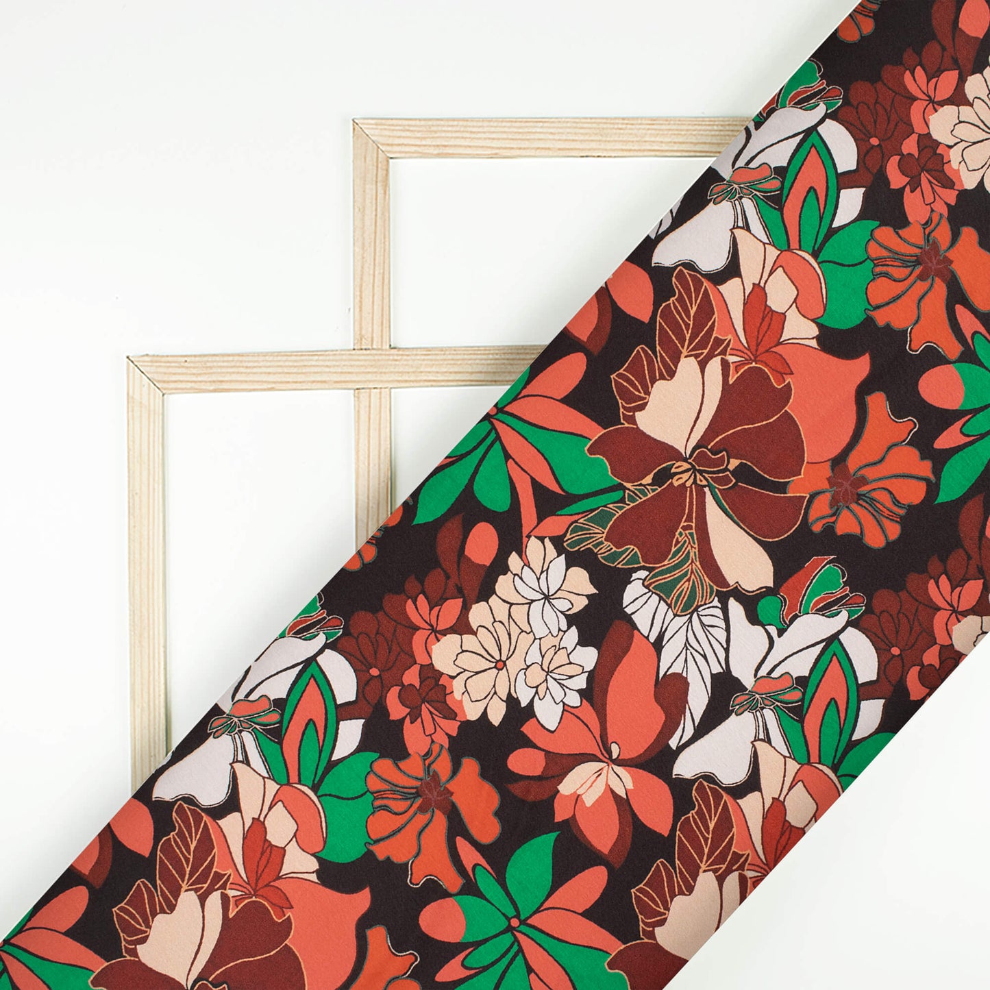 Black And Vermilion Red Floral Pattern Digital Print Japan Satin Fabric