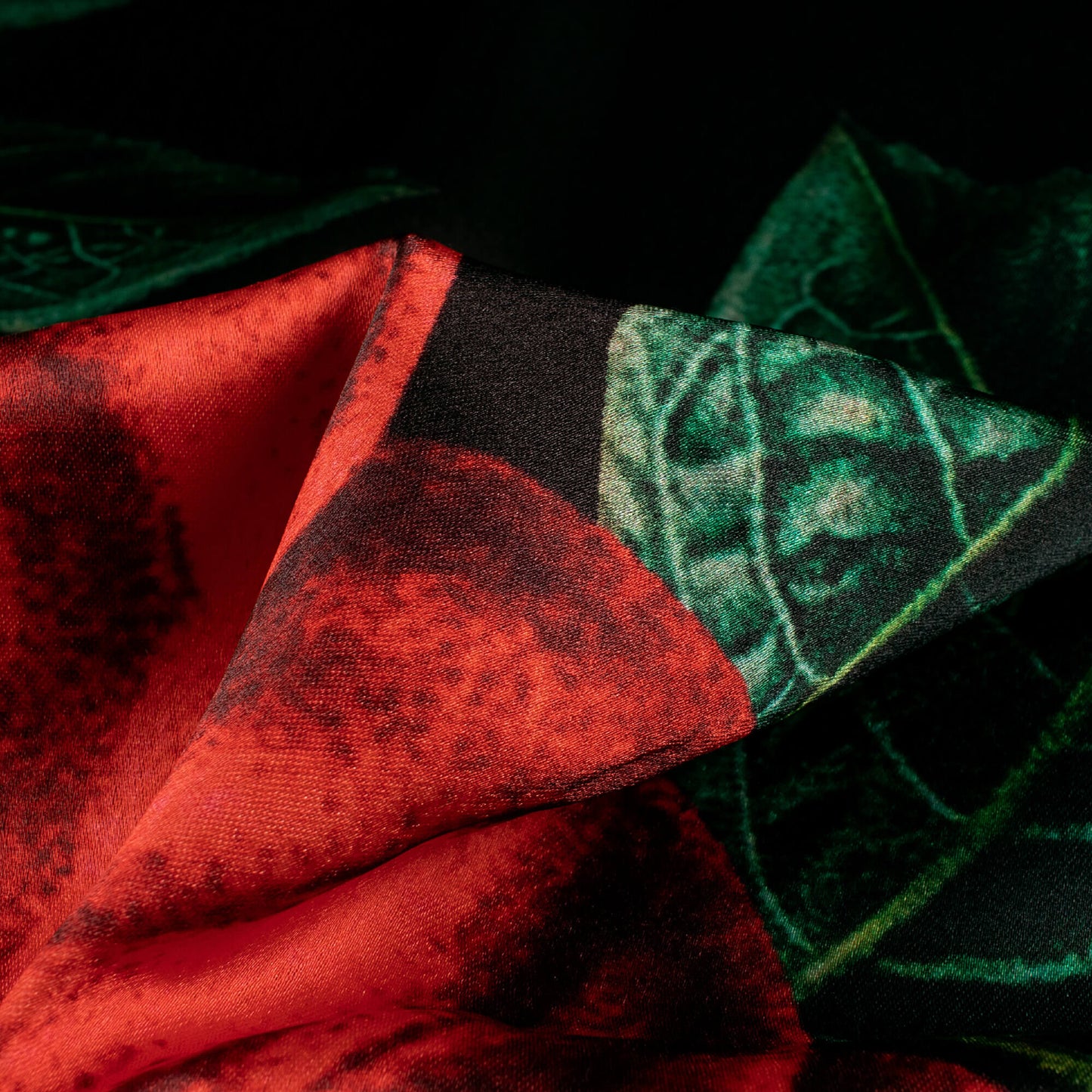 Black And Red Floral Pattern Digital Print Japan Satin Fabric