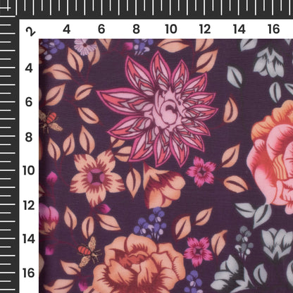 Raisin Purple And Orange Floral Pattern Digital Print Organza Satin Fabric