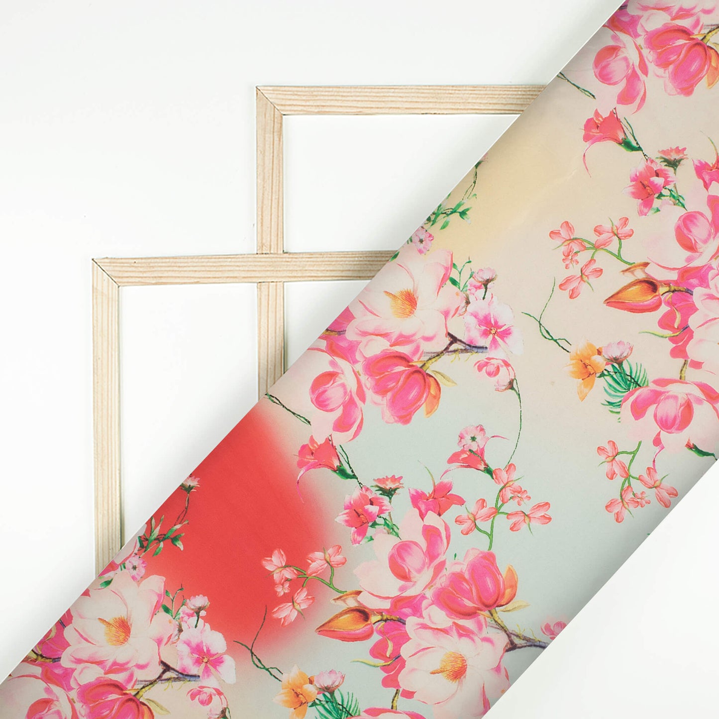 Taffy Pink And Red Floral Pattern Digital Print Organza Satin Fabric