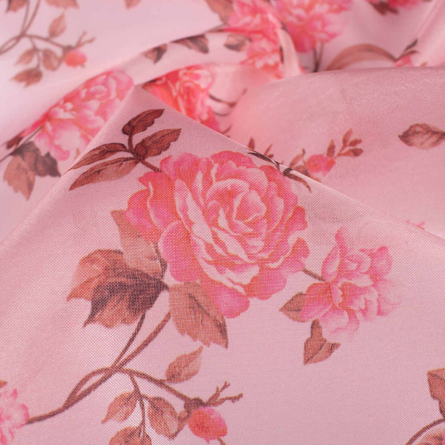 Baby Pink And Brown Floral Pattern Digital Print Organza Satin Fabric