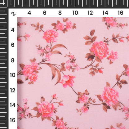 Baby Pink And Brown Floral Pattern Digital Print Organza Satin Fabric