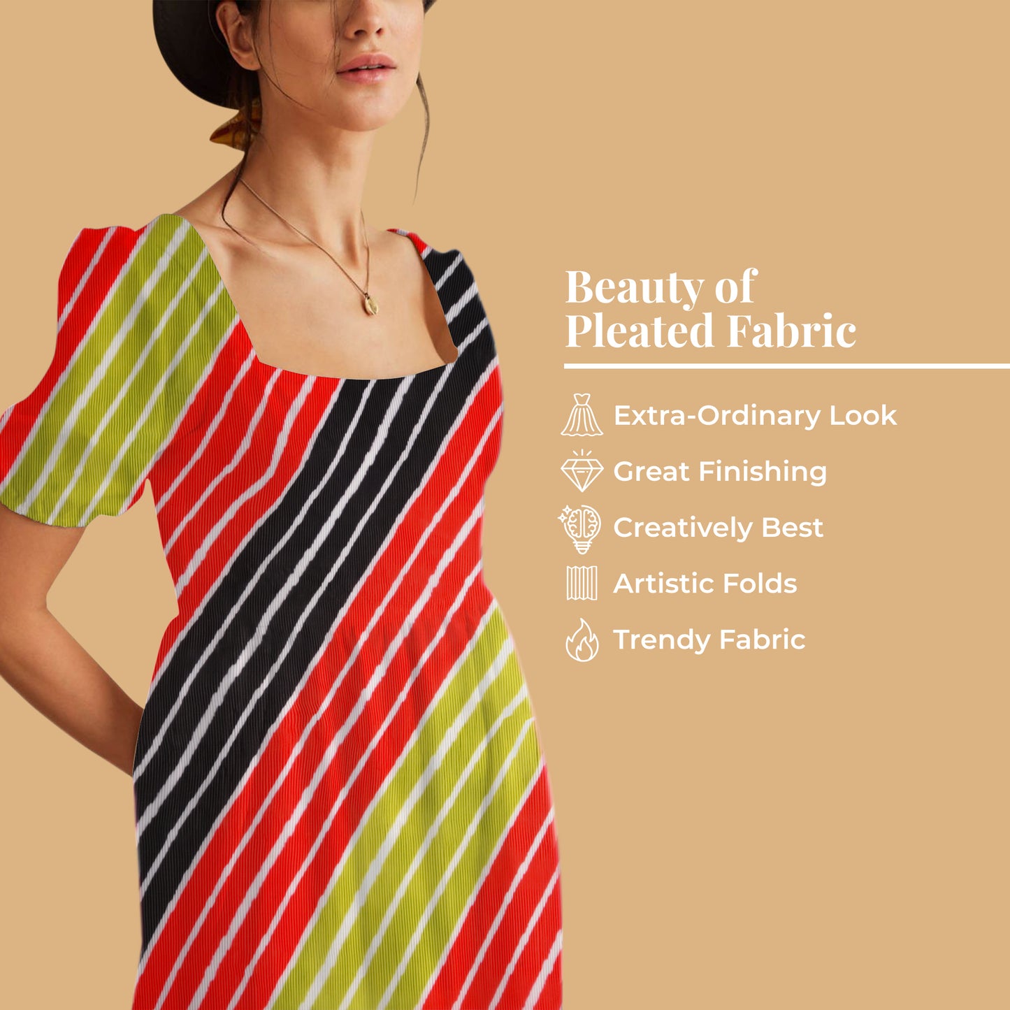 Vermilion Red And Green Stripes Pattern Digital Print Georgette Pleated Fabric