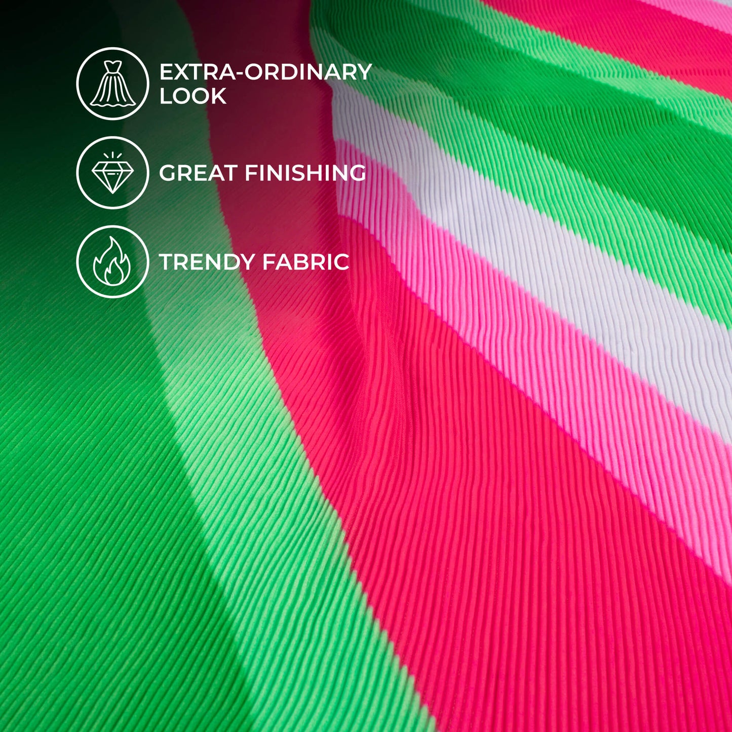 Punch Pink And Green Leheriya Pattern Digital Print Georgette Pleated Fabric