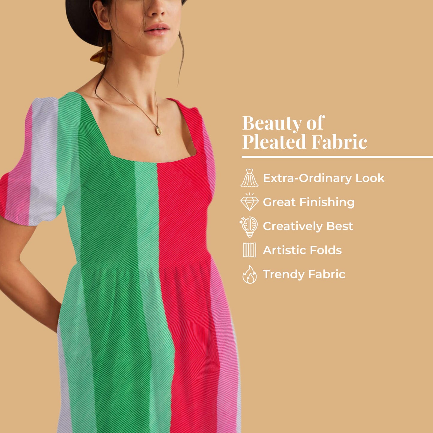 Punch Pink And Green Leheriya Pattern Digital Print Georgette Pleated Fabric