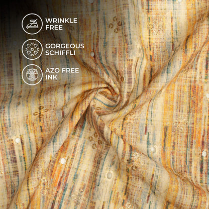 Corn Yellow And Orange Abstract Pattren Schiffli Trellis Zari Sequins Embroidery Digital Print Rayon Fabric