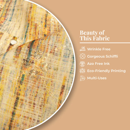 Corn Yellow And Orange Abstract Pattren Schiffli Trellis Zari Sequins Embroidery Digital Print Rayon Fabric
