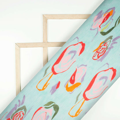 Pastel Blue And Vermilion Red Quirky Pattern Digital Print Georgette Pleated Fabric