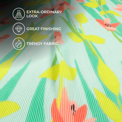 Pastel Blue And Lemon Yellow Floral Pattern Digital Print Georgette Pleated Fabric