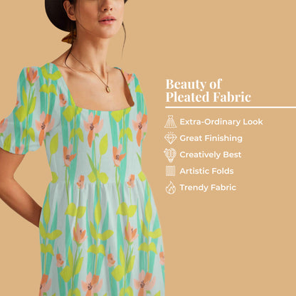 Pastel Blue And Lemon Yellow Floral Pattern Digital Print Georgette Pleated Fabric