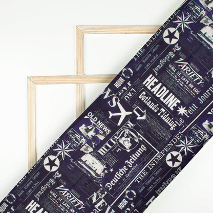 Oxford Blue And Off White Quirky Pattern Digital Print Twill Fabric (Width 56 Inches)
