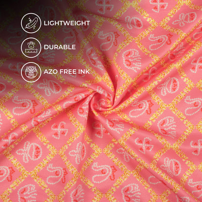 Punch Pink And White Bandhanii Pattern Digital Print Twill Fabric (Width 56 Inches)