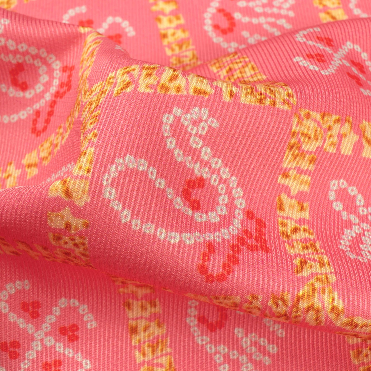 Punch Pink And White Bandhani Pattern Digital Print Twill Fabric (Width 56 Inches)