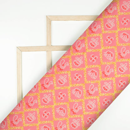 Punch Pink And White Bandhanii Pattern Digital Print Twill Fabric (Width 56 Inches)