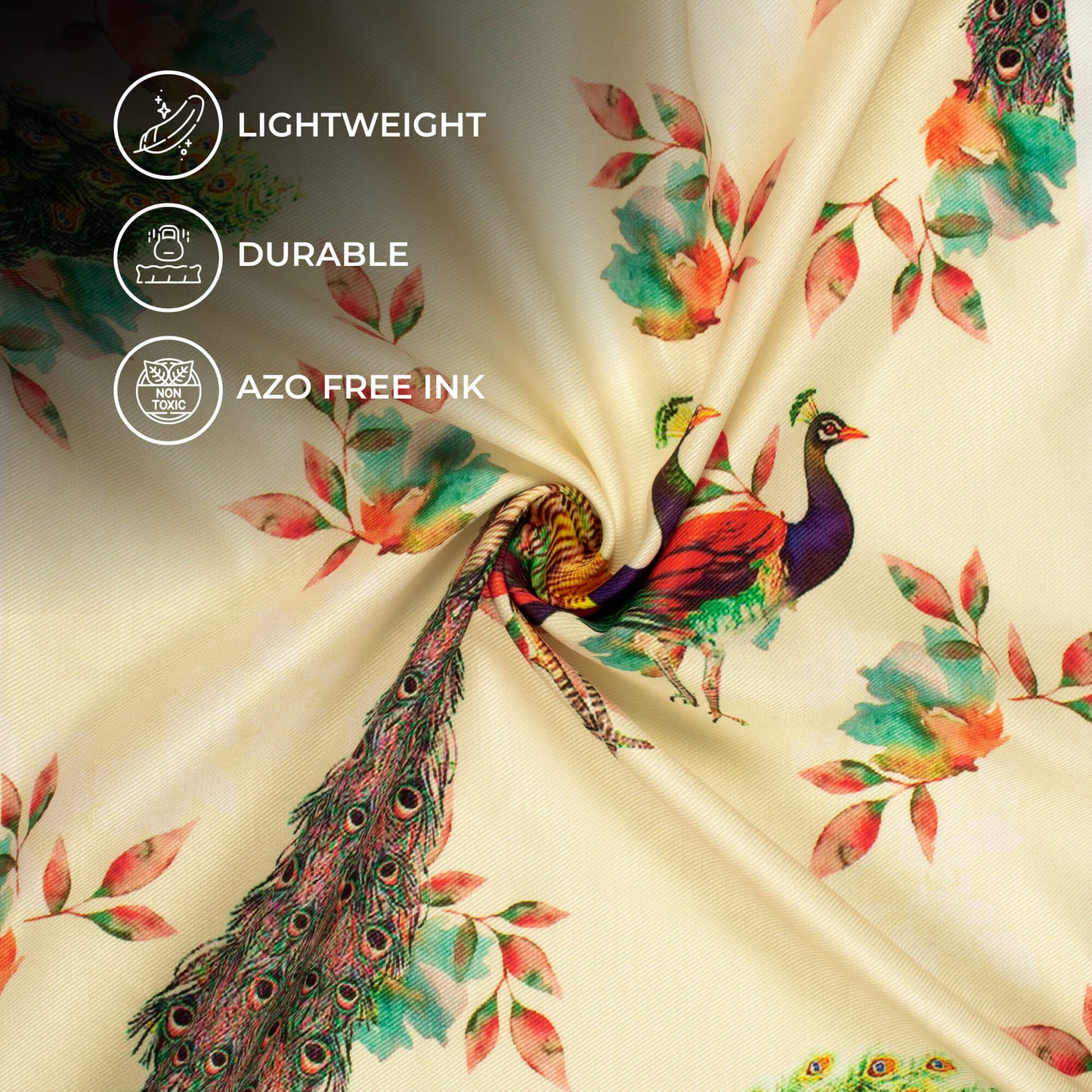 Cream And Blush Red Peacock Pattern Digital Print Twill Fabric (Width 56 Inches)