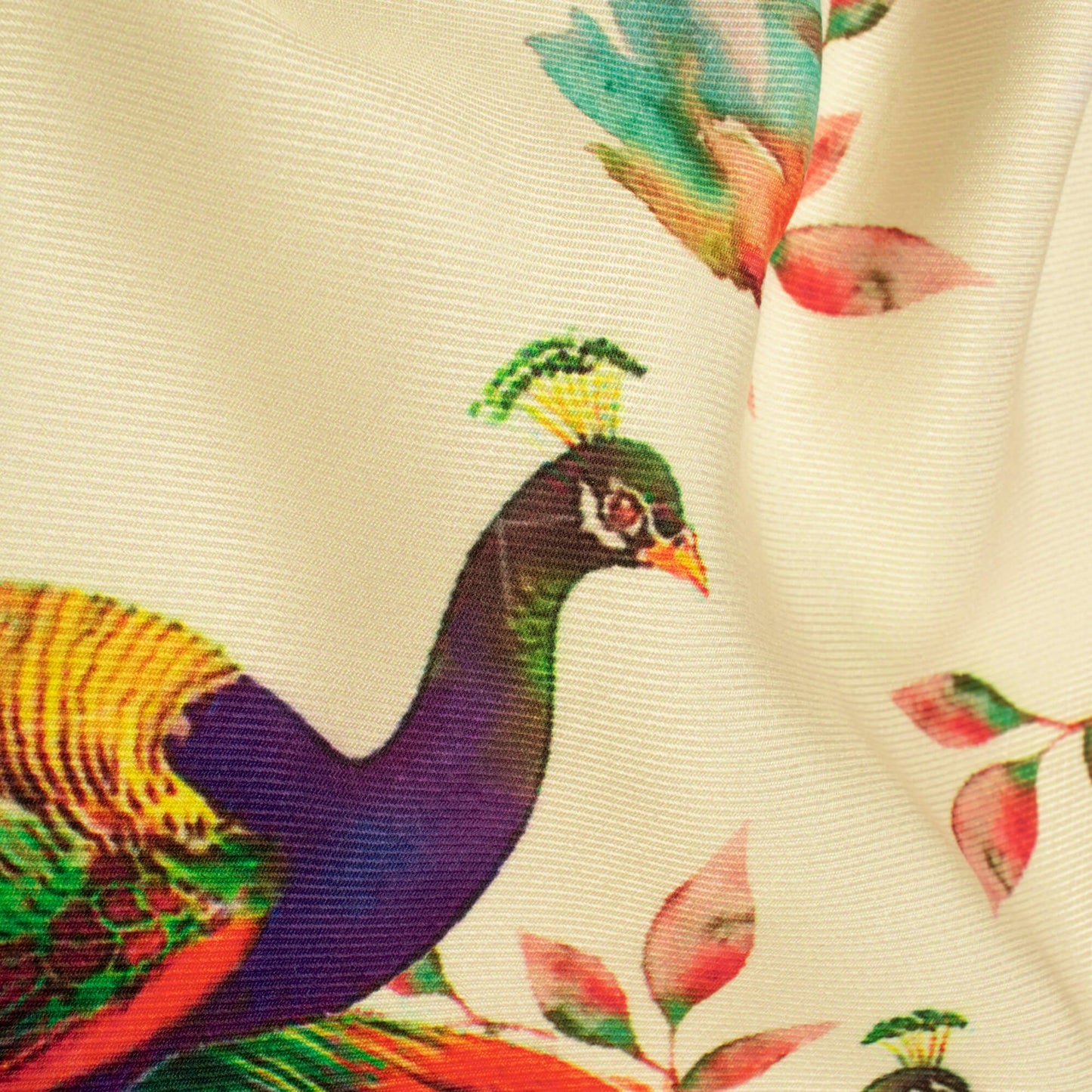 Cream And Blush Red Peacock Pattern Digital Print Twill Fabric (Width 56 Inches)