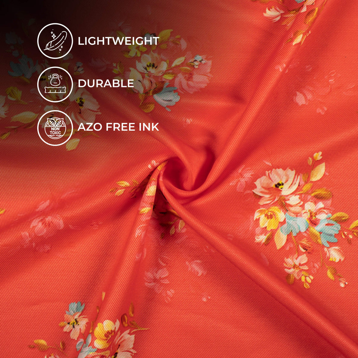 Vermilion Red And Peach Floral Pattern Digital Print Twill Fabric (Width 56 Inches)