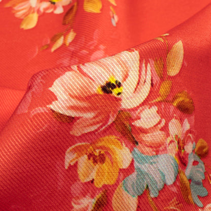 Vermilion Red And Peach Floral Pattern Digital Print Twill Fabric (Width 56 Inches)