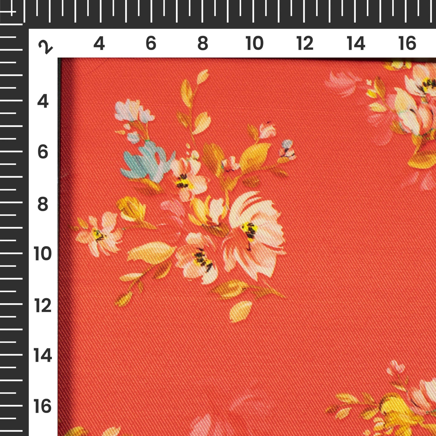 Vermilion Red And Peach Floral Pattern Digital Print Twill Fabric (Width 56 Inches)