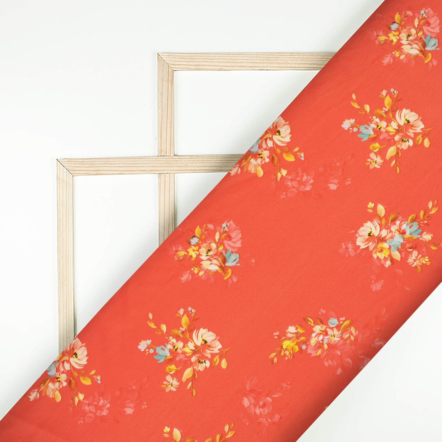 Vermilion Red And Peach Floral Pattern Digital Print Twill Fabric (Width 56 Inches)