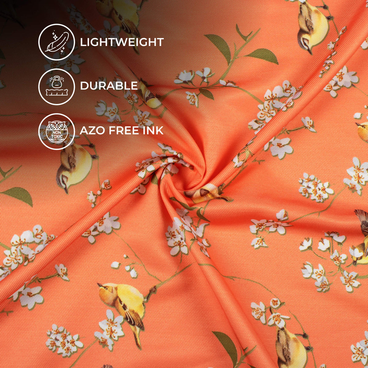 Salmon Orange And White Bird Pattern Digital Print Twill Fabric (Width 56 Inches)