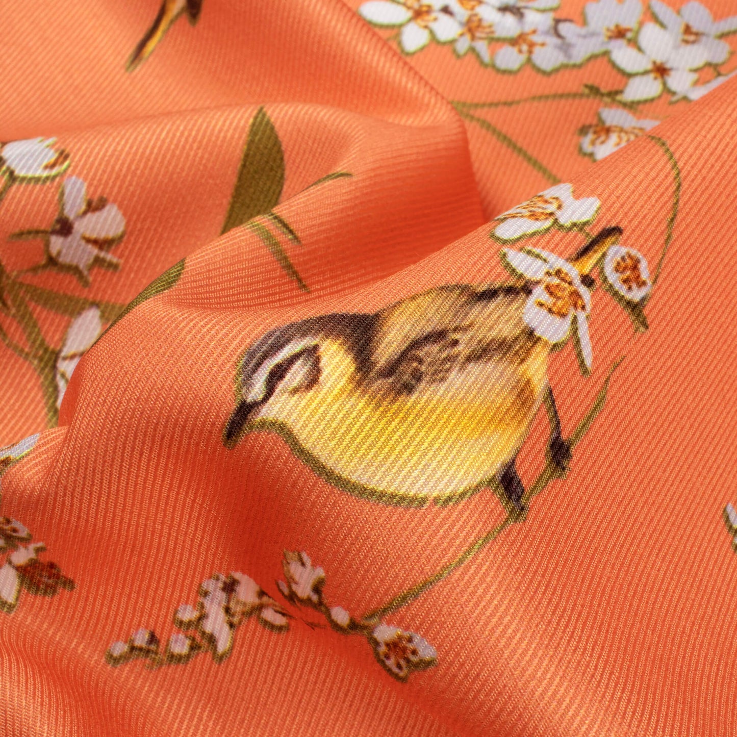 Salmon Orange And White Bird Pattern Digital Print Twill Fabric (Width 56 Inches)