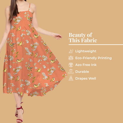 Salmon Orange And White Bird Pattern Digital Print Twill Fabric (Width 56 Inches)