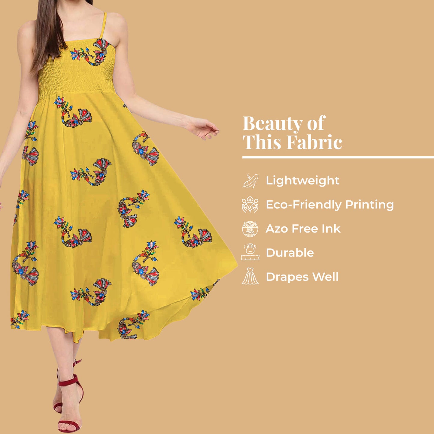 Mustard Yellow And Burnt Orange Bird Pattern Digital Print Twill Fabric (Width 56 Inches)