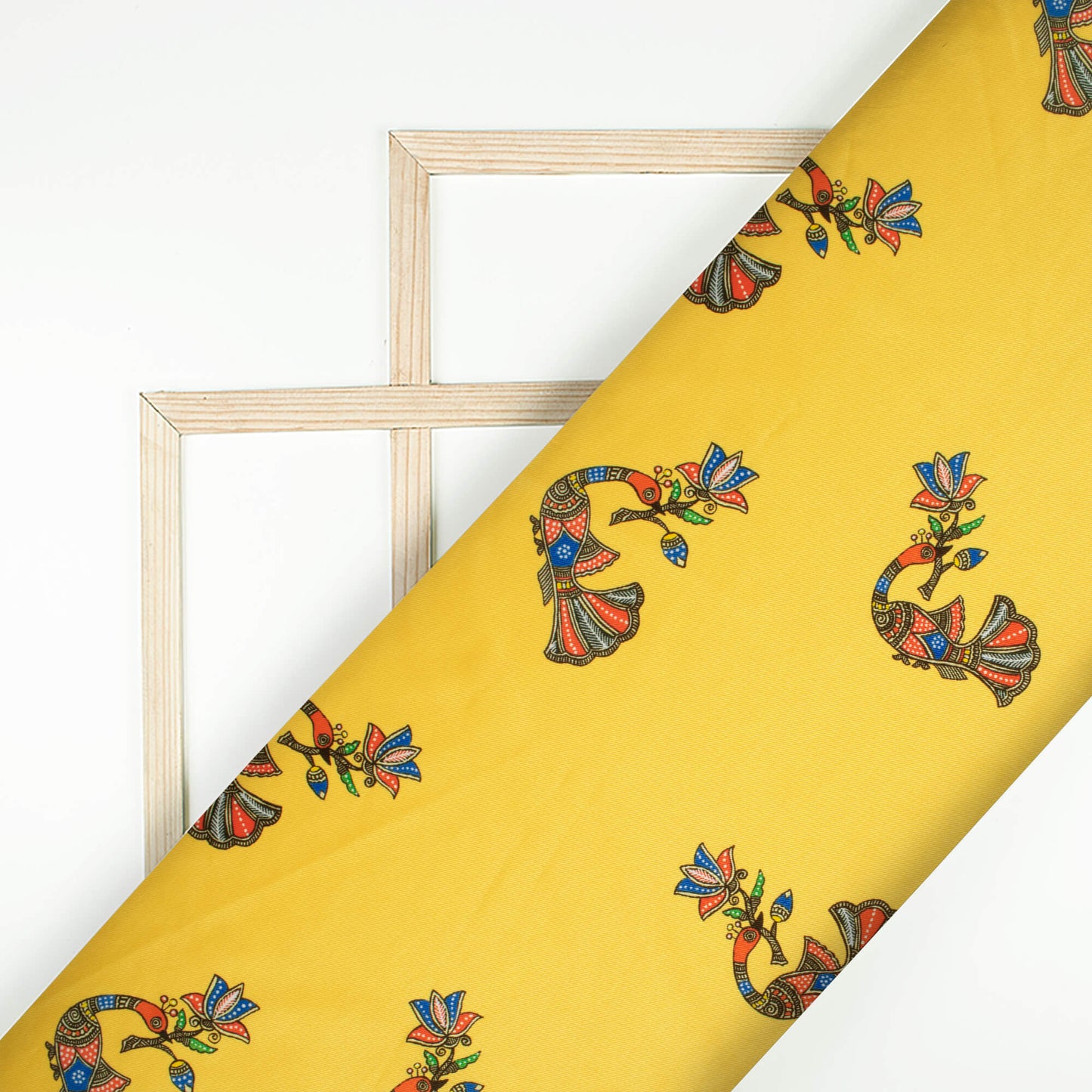 Mustard Yellow And Burnt Orange Bird Pattern Digital Print Twill Fabric (Width 56 Inches)