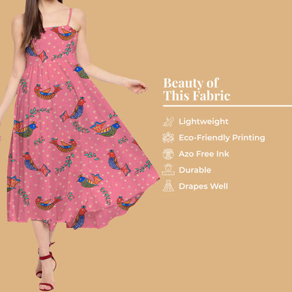 Taffy Pink And Burnt Orange Bird Pattern Digital Print Twill Fabric (Width 56 Inches)