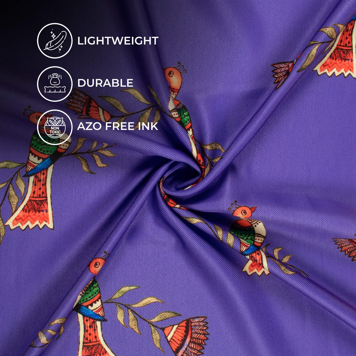 Violet Purple And Burnt Orange Bird Pattern Digital Print Twill Fabric (Width 56 Inches)