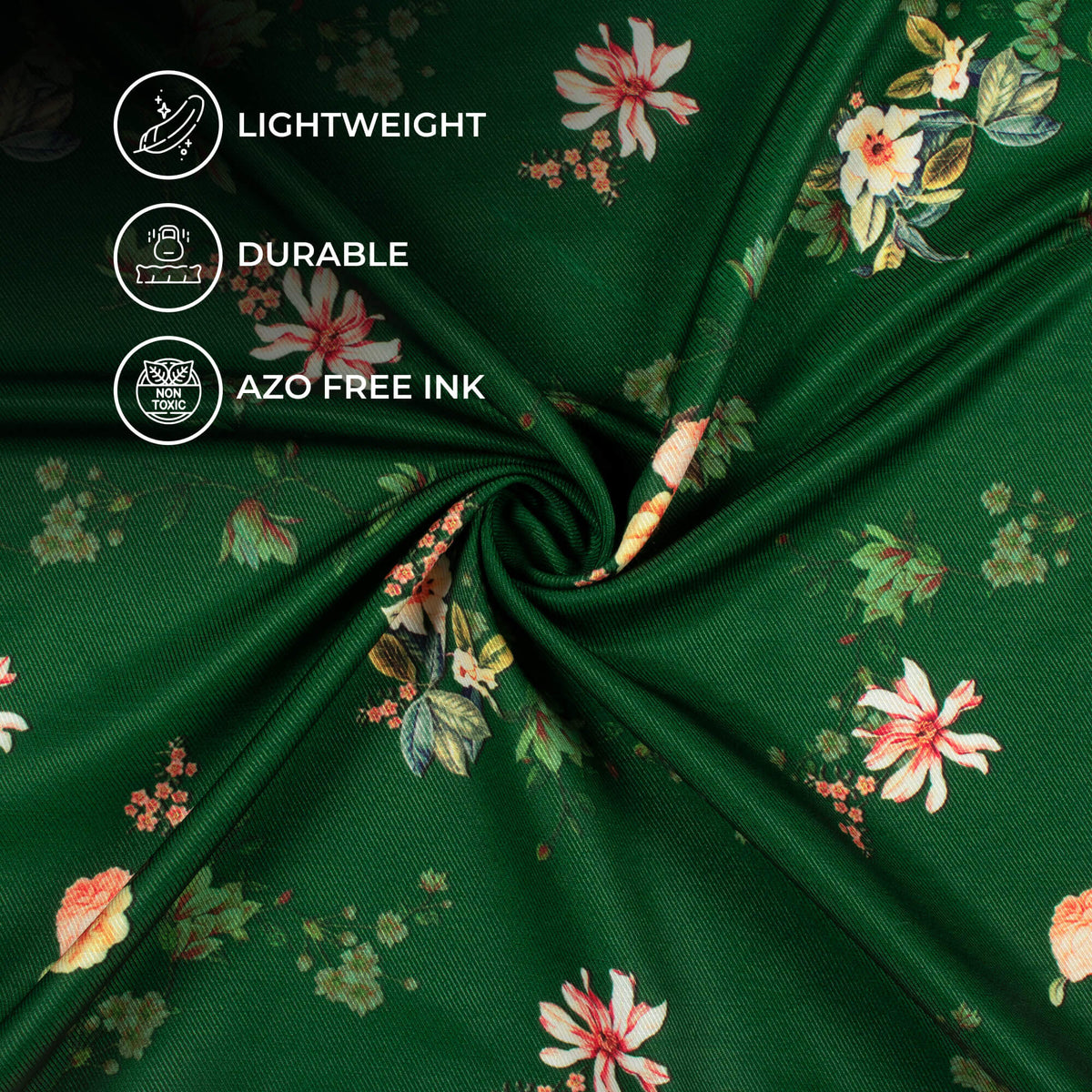 Dark Green And Peach Floral Pattern Digital Print Twill Fabric (Width 56 Inches)