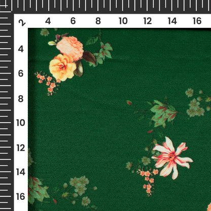 Dark Green And Peach Floral Pattern Digital Print Twill Fabric (Width 56 Inches)