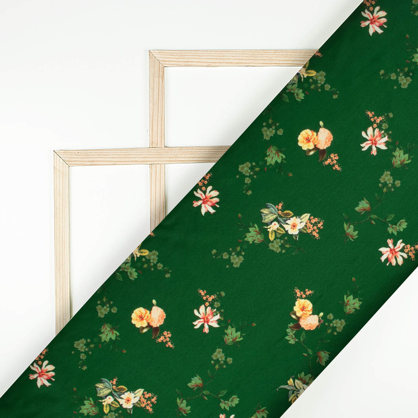 Dark Green And Peach Floral Pattern Digital Print Twill Fabric (Width 56 Inches)