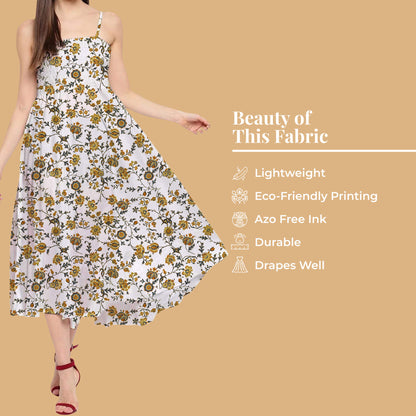 Daisy White And Dijon Yellow Floral Pattern Digital Print Twill Fabric (Width 56 Inches)