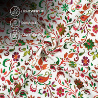 Daisy White And Dark Green Floral Pattern Digital Print Twill Fabric (Width 56 Inches)