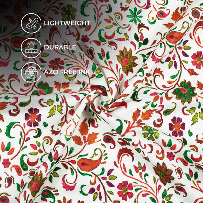 Daisy White And Dark Green Floral Pattern Digital Print Twill Fabric (Width 56 Inches)