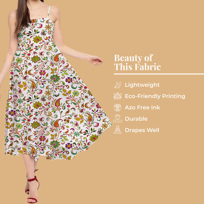 Daisy White And Dark Green Floral Pattern Digital Print Twill Fabric (Width 56 Inches)