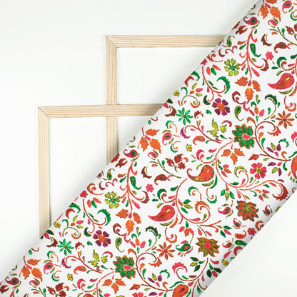 Daisy White And Dark Green Floral Pattern Digital Print Twill Fabric (Width 56 Inches)