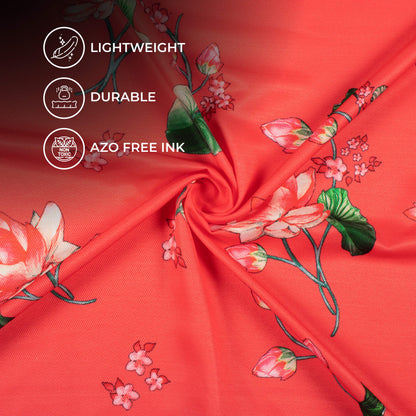 Coral Red And Taffy Pink Floral Pattern Digital Print Twill Fabric (Width 56 Inches)