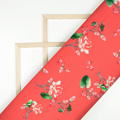 Coral Red And Taffy Pink Floral Pattern Digital Print Twill Fabric (Width 56 Inches)
