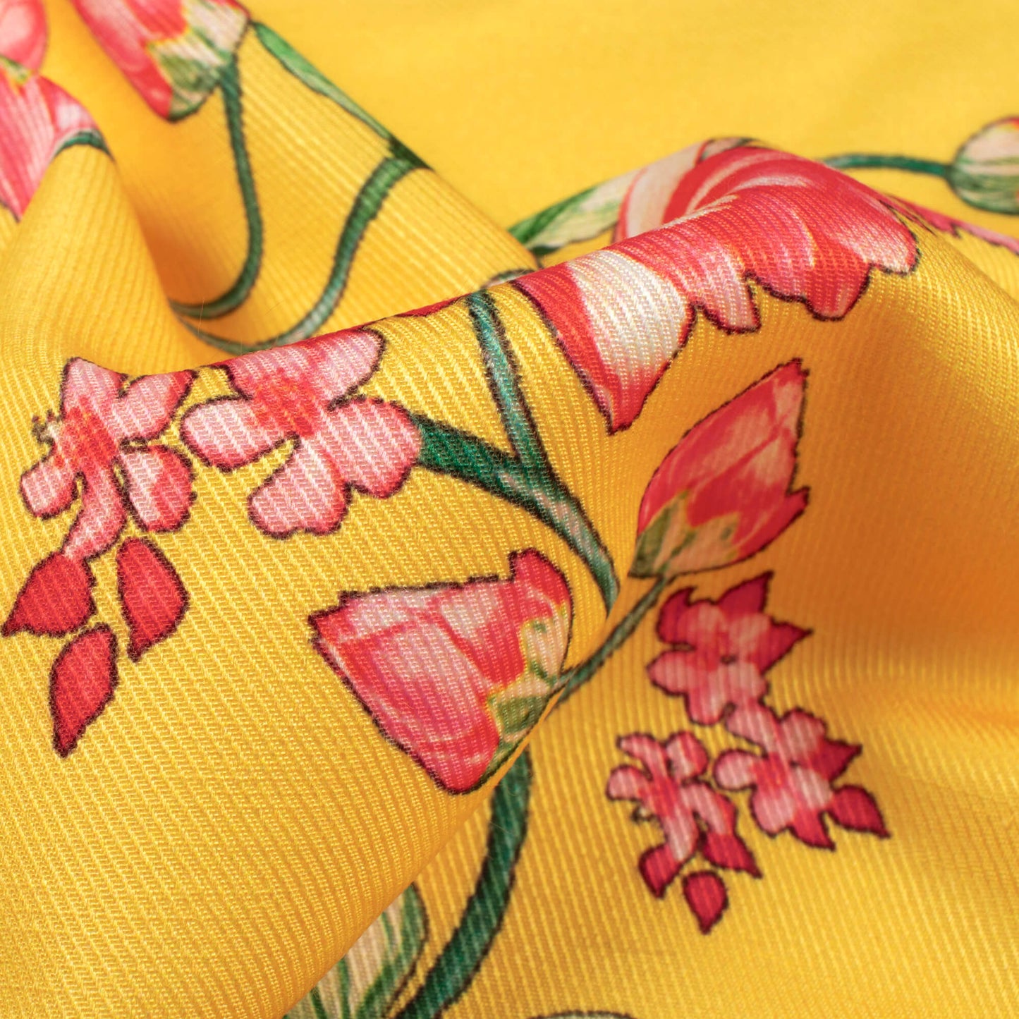 Mustard Yellow And Pink Floral Pattern Digital Print Twill Fabric (Width 56 Inches)