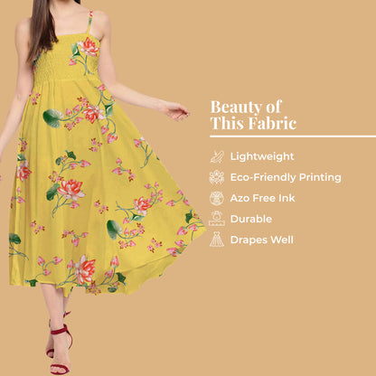 Mustard Yellow And Pink Floral Pattern Digital Print Twill Fabric (Width 56 Inches)