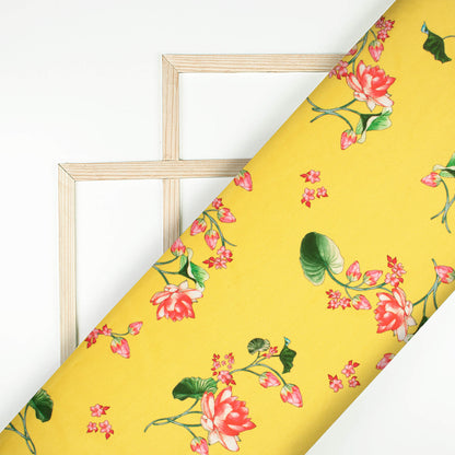 Mustard Yellow And Pink Floral Pattern Digital Print Twill Fabric (Width 56 Inches)
