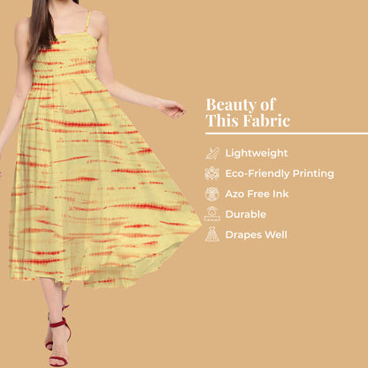 Mellow Yellow And Brick Red Shiibori Pattern Digital Print Twill Fabric (Width 56 Inches)