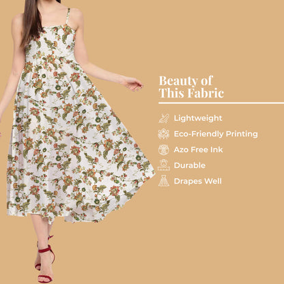 Daisy White And Green Floral Pattern Digital Print Twill Fabric (Width 56 Inches)