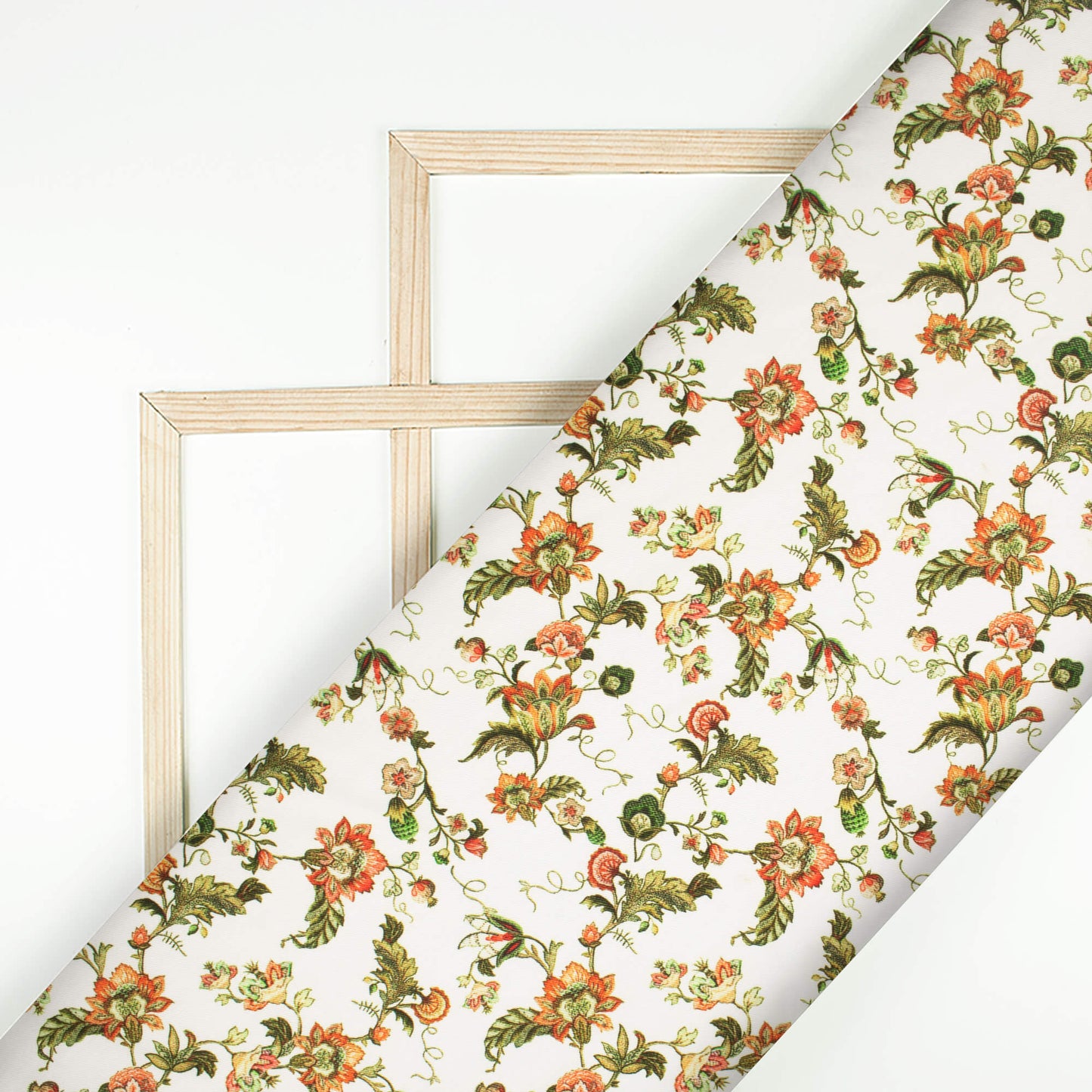 Daisy White And Green Floral Pattern Digital Print Twill Fabric (Width 56 Inches)